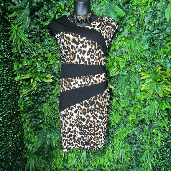 Women Dress Plus 3XL Black Leopard V Neck Sheath Stretch Fitted Spin 0976 - Picture 4 of 12